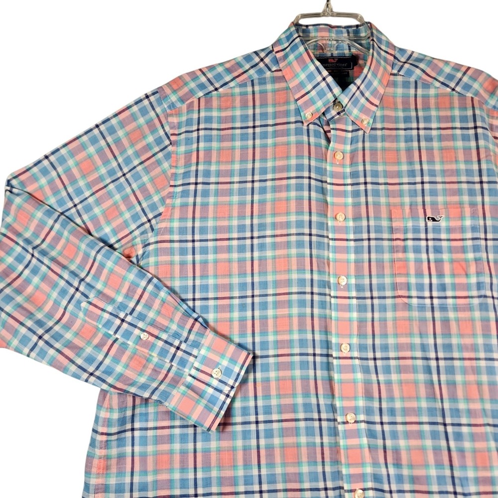 Vineyard Vines Men's XXL Slim Fit Tucker Shirt Blue Pink Plaid 100% Cotton
